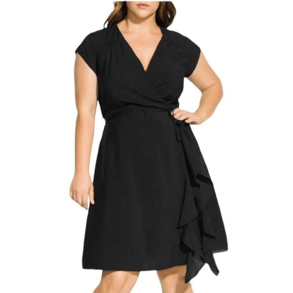 City Chic Ruffled Faux-Wrap Dress- Black